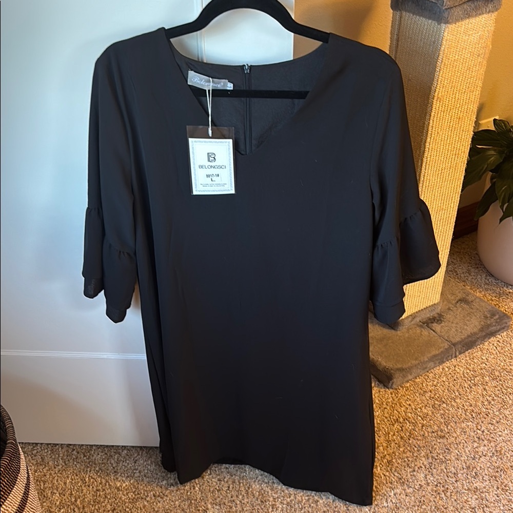Belongsci Black 3/4 Sleeve Midi Shift Dress